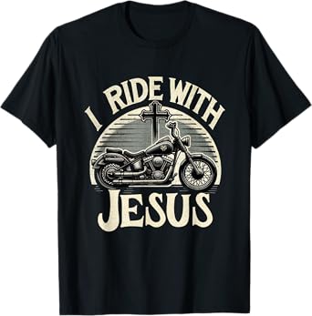 Faithful Flair I Ride With Jesus Motorcycle Christian T-Shirt, Small, Black