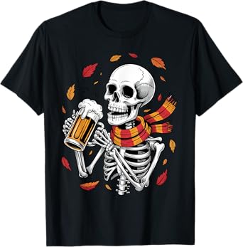 Spooky Skeleton Drinking Beer Funny Fall Season Oktoberfest T-Shirt