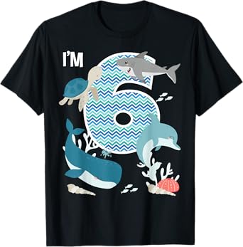 Kids 6 Year Old Ocean Life Whale Dolphin Shark 6th Birthday T-Shirt