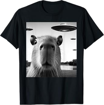 Funny Capybara Selfie with UFOs Weird Graphic T-Shirt