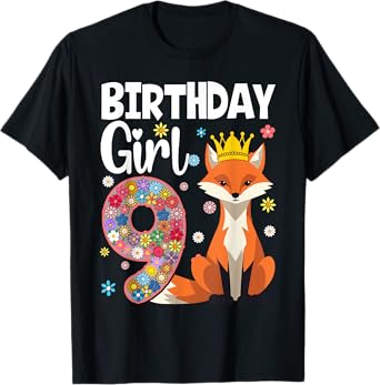Fox Animal Lovers 9th Birthday Girl Fox B-day 9 year old T-Shirt