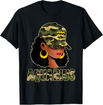 Aquarius Queen Camouflage Black Woman Cap Zodiac Sign T-Shirt