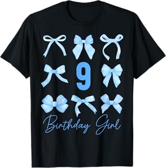 Birthday Girl Blue Coquette Bow 9 Year Old Aesthetic Girly T-Shirt