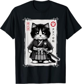 Samurai Cat Vintage Cute Graphic Kawaii Cat T-Shirt