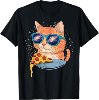 Funny Cat Eating Pizza in Space Kitty Galaxy T-Shirt