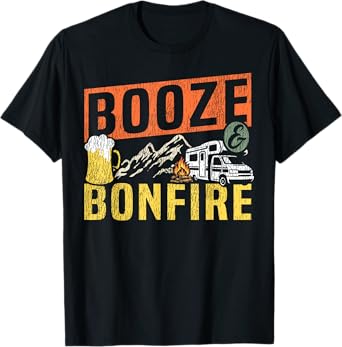 Motorhome Camping Retro Drunk Alcohol Beer Booze & Bonfire T-Shirt
