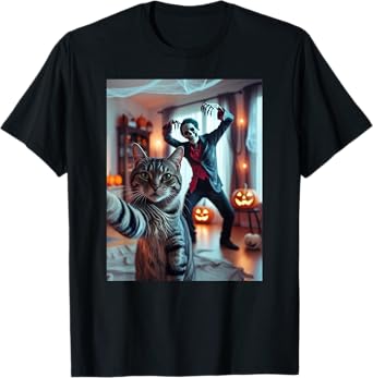 Funny Cat Selfie with Skeleton Scary Halloween Meme T-Shirt