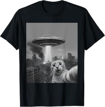 Cat Selfie With Alien Funny Meme UFO T-Shirt
