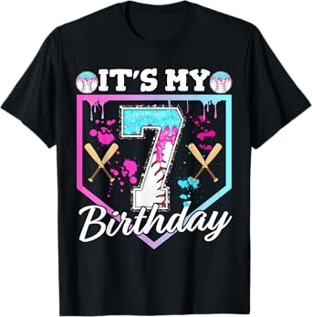 Baseball Drip 7 Year Old Ice Cream 7th Birthday Boy Dripping T-Shirt