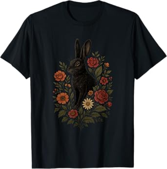 Black Bunny With Flowers Botanical Gothic Nature Art T-Shirt