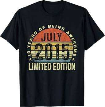 July 2015 10th Birthday Gifts For Boy Girl Kids 10 Year Old T-Shirt