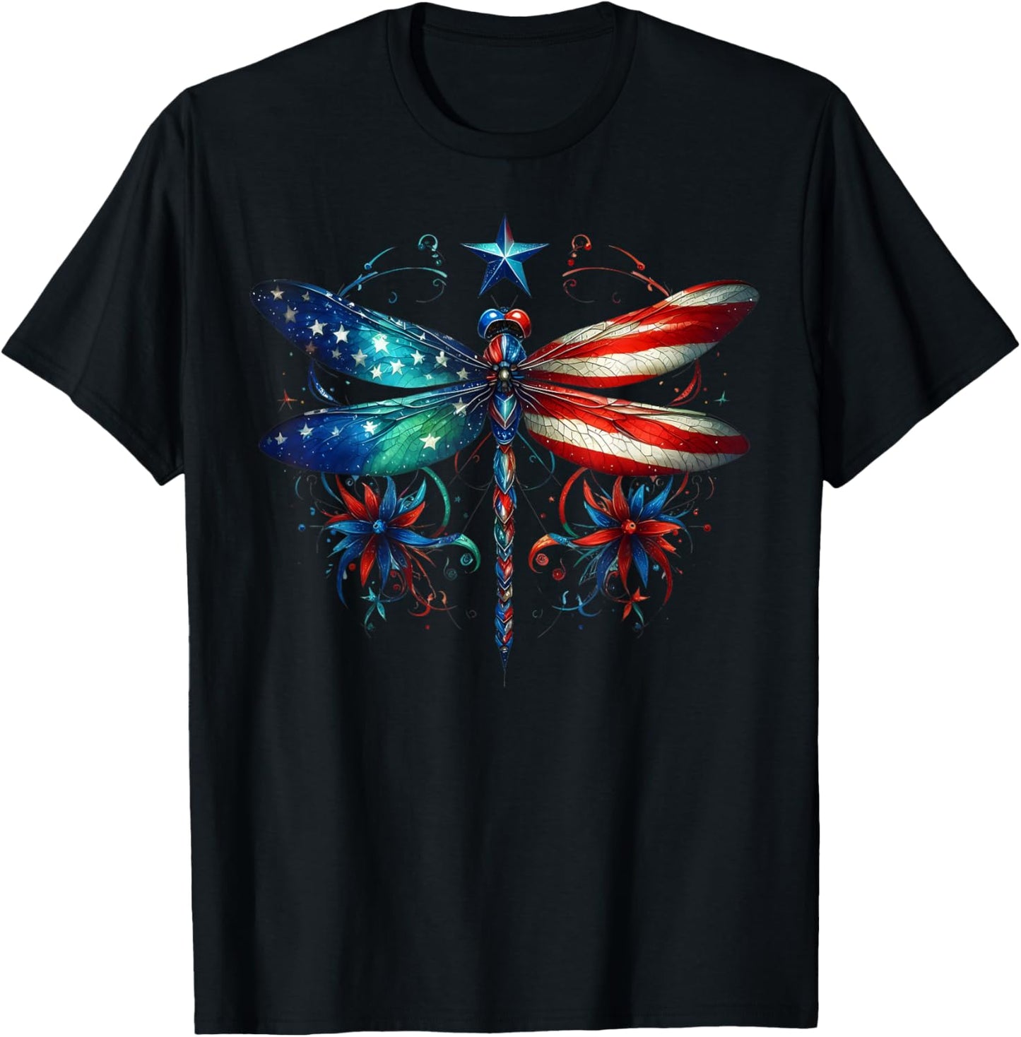 American Flag Dragonfly Patriotic 4th of July Red White Blue T-Shirt