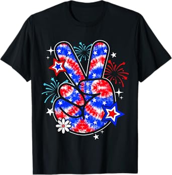 Tie Dye American Flag Peace Sign Hand 4th of July Patriotic T-Shirt