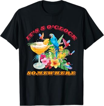 It's 5 O'clock Somewhere Parrot Sunset Drinking Summer Retro Men Women T-Shirt