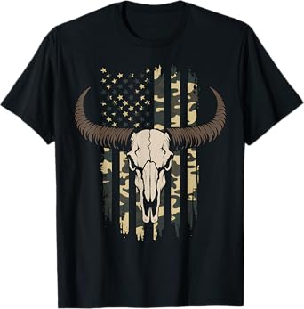 American Flag Longhorn Skull Camo Western Gift for Men Women T-Shirt