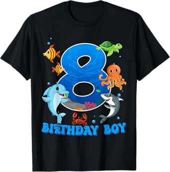 8th Birthday Party Ocean 8 Year Old Sea Fish Birthday Boy T-Shirt