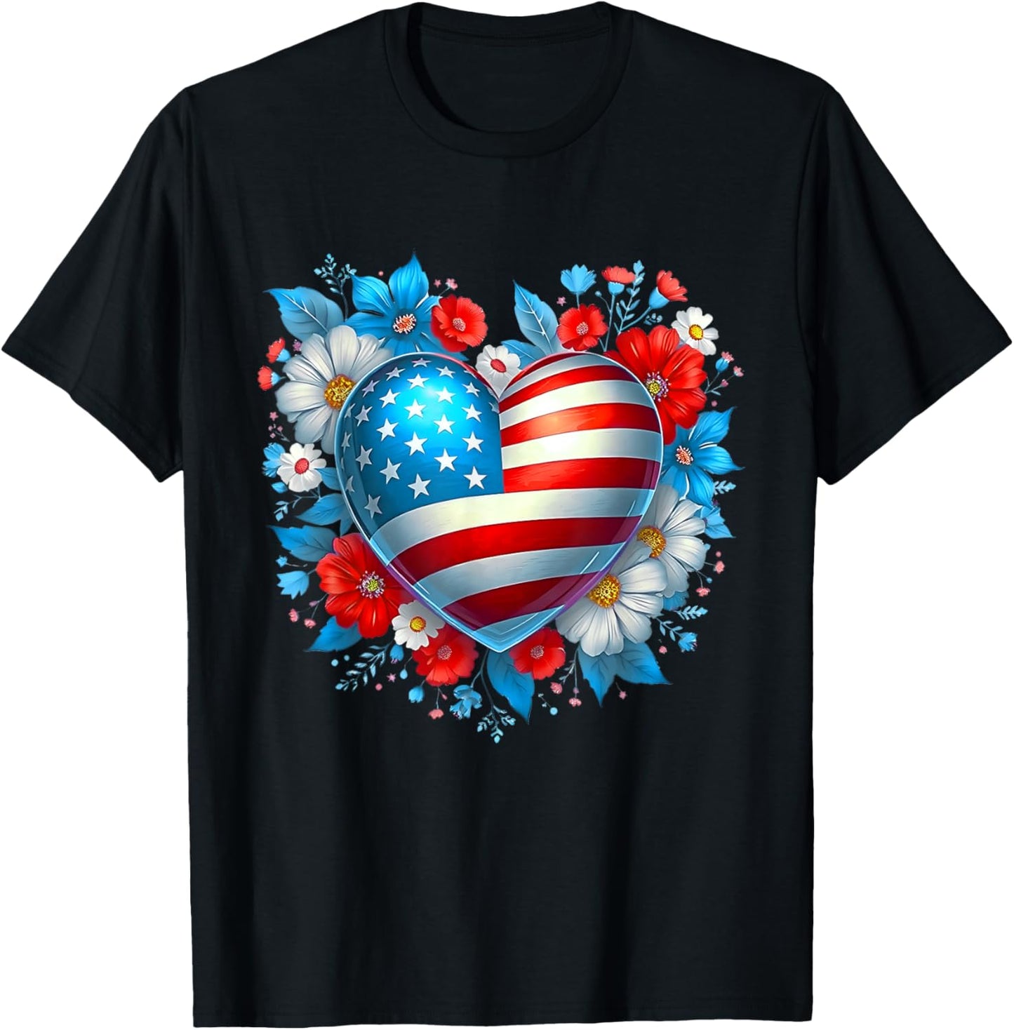 4th Of July American Flag For Girls Floral Print Heart T-shirt