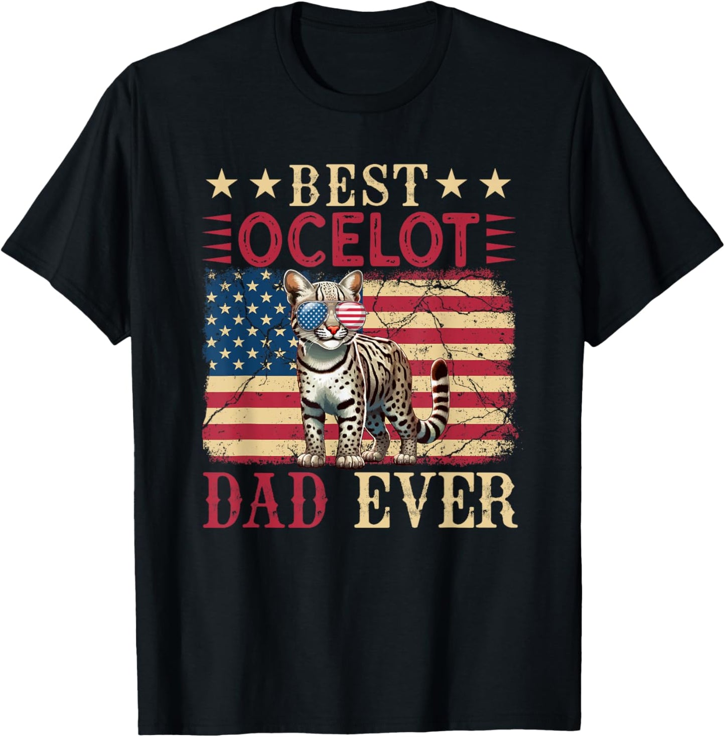 Vintage Best Ocelot Dad Ever 4th July Sunglasses Us Flag T-shirt
