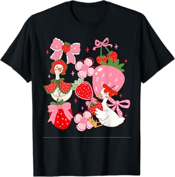 Funny Goose Silly Strawberry Coquette Bow Summer Vacation T-Shirt