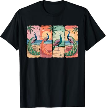 Vintage Retro Group Peacocks On Beach Funny Summer Vacation T-Shirt