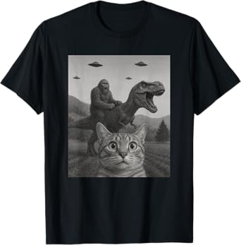 Cat Selfie with Bigfoot Riding T-rex Dinosaur Alien UFO Men Women Kids T-Shirt