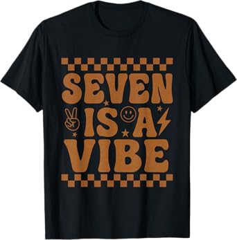Seven Is A Vibe 7th Birthday 7 years old Groovy Checkered T-Shirt