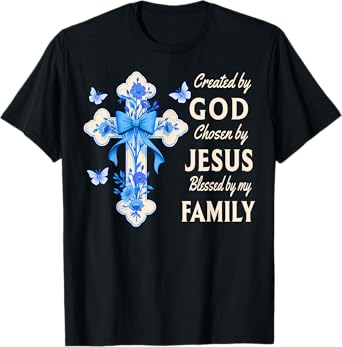Created By God Blessed By Family Blue Toile Floral Cross T-Shirt