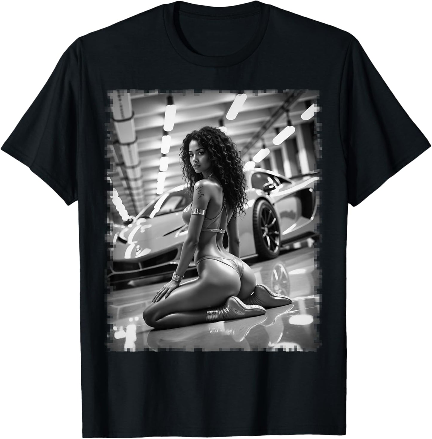 Sexy Girl Graphic Tee - Sexy Black Pinup Girl & Exotic Car T-Shirt