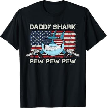 Daddy Shark Pew Pew - USA Dad Pistol Joke Funny Mens Gun T-Shirt