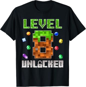 Birthday Boy Level 8 Unlocked 8th Birthday Game Pixel T-Shirt