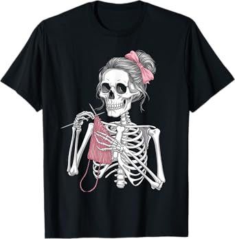 Skeleton Messy Bun Crochet Knitting Lovers Spooky Halloween T-Shirt