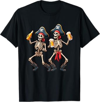 Funny Dancing Pirate Skeletons Beer Drinking Halloween Party T-Shirt