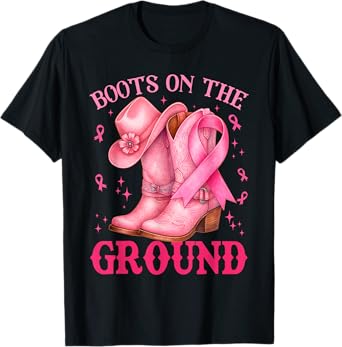 Boots On The Ground Pink Cowgirl Breast Cancer Women Girls T-Shirt