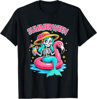 Summerween Mermaid Skeleton Halloween Flamingo Summer Vacay T-Shirt