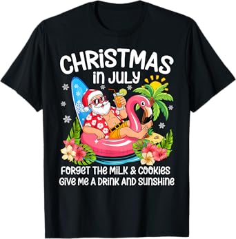 Christmas In July Funny Santa Flamingo Summer Xmas Beach T-Shirt