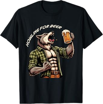 Mens Wolf Drinking Beer Wolf Howling for Beer Lovers Funny T-Shirt
