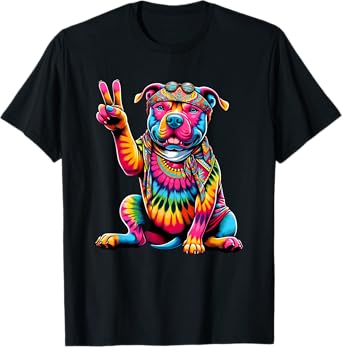 Peace Sign Tie Dye Pit Bull dog T-Shirt for Men Women Kids