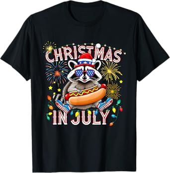 Christmas In July Raccoon Hot Dog Patriotic Humor T-Shirt