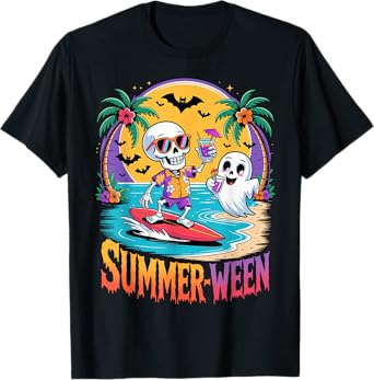 Skeleton Ghost Spooky Beach Holiday Summer Party Summerween T-Shirt