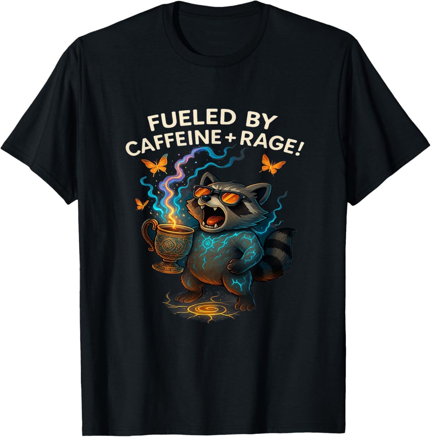 Fueled by Caffeine and Rage Raccoon Funny Angry Coffee Art T-Shirt