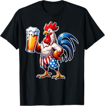 Chicken Holding Beer USA Flag 4th of July Patriotic Chicken T-Shirt