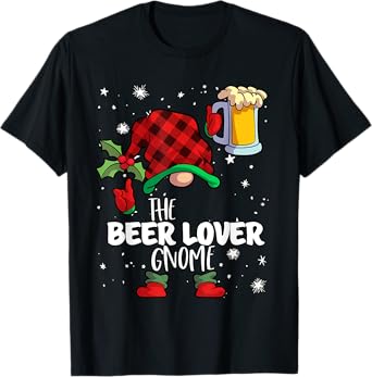 Beer Lover Gnome Red Buffalo Plaid Matching Family Christmas T-Shirt
