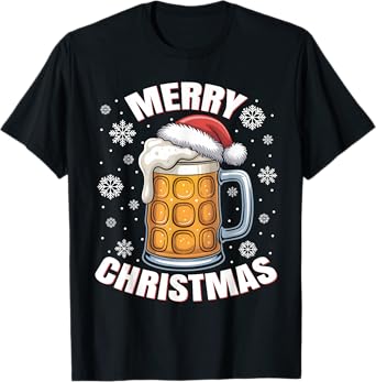 Funny Christmas Pajama Outfit Men Women Beer Mug Santa Hat T-Shirt