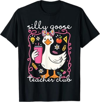 Funny Silly Goose Teacher Club Animal Lover Groovy Teacher T-Shirt