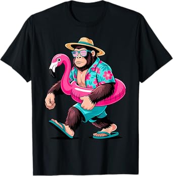 Hawaiian Bigfoot Sasquatch Pink Flamingo Pool Party Summer T-Shirt