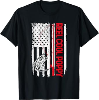 Mens Reel Cool Poppy Fishing American Flag Funny Grandpa T-Shirt