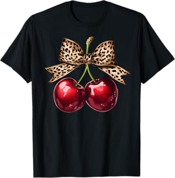 Retro Cherry Leopard Coquette Bow Cute Cherries Women Girls T-Shirt