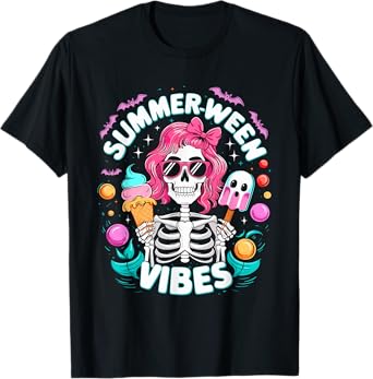 Summerween Vibes Skeleton Spooky Vacation Halloween Summer T-Shirt