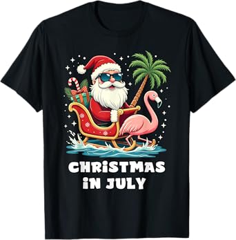 Christmas in July Summer Santa Flamingo Sleigh Beach Xmas T-Shirt