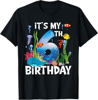 Kids 6 Year Old Ocean Life Whale Dolphin Shark 6th Birthday T-Shirt